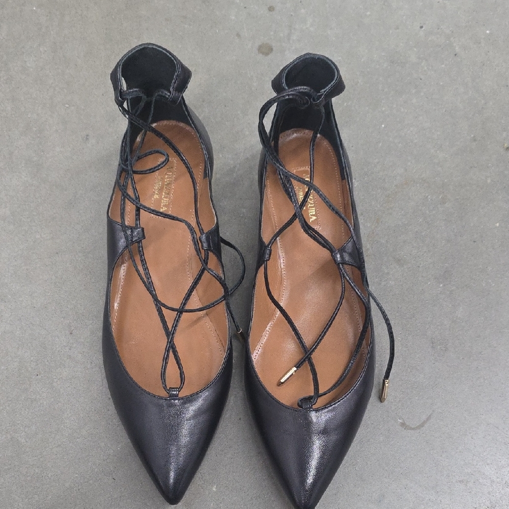 Aquazzura Black And Gold Lace-Up Flats